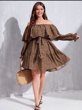 NWOT SHEIN Allover Print Off Shoulder Flounce Sleeve Ruffle Overlay Dress - 1XL